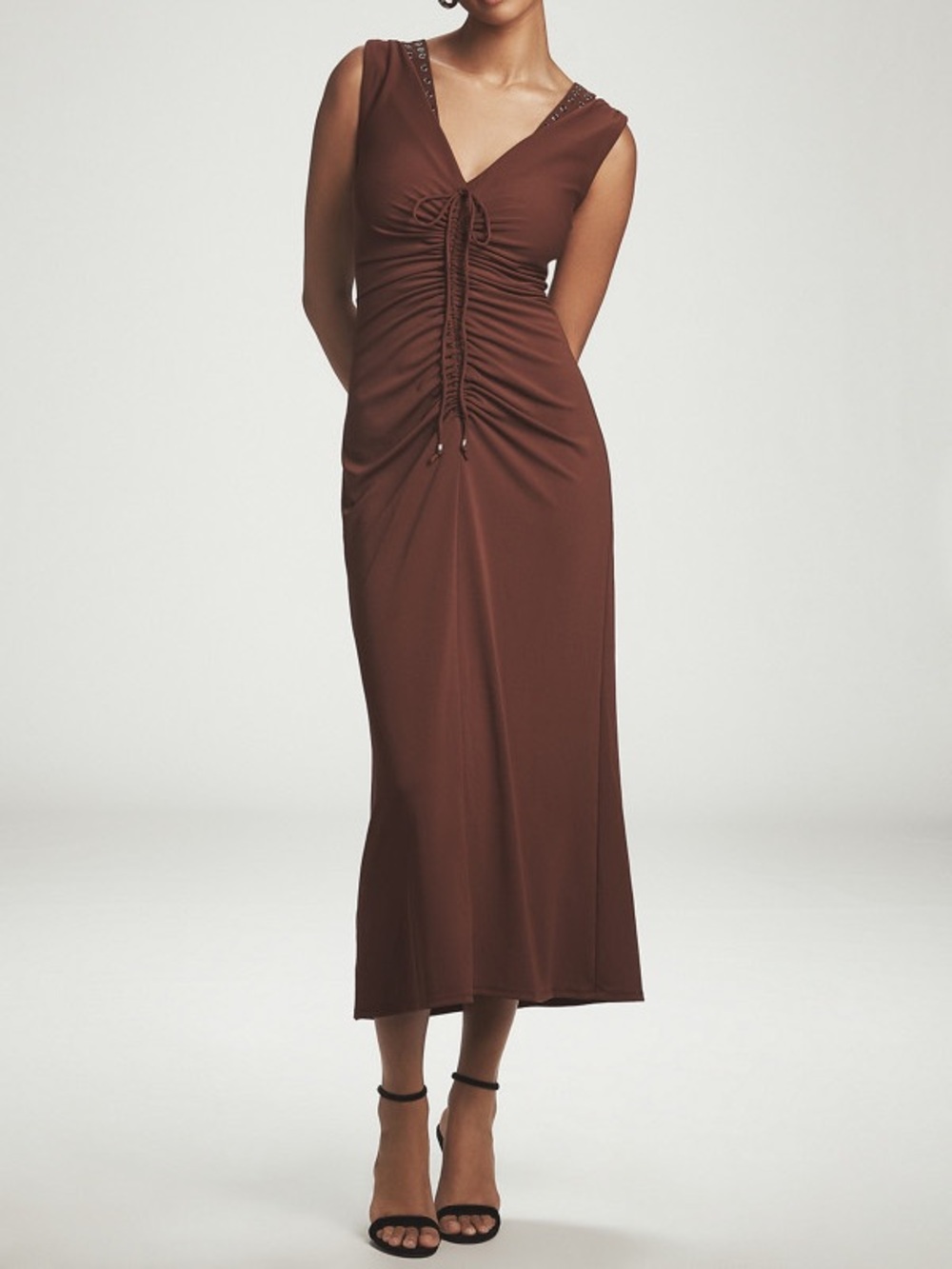 Maeve Brown Sleeveless Studded Ruched V-Neck Maxi Dress